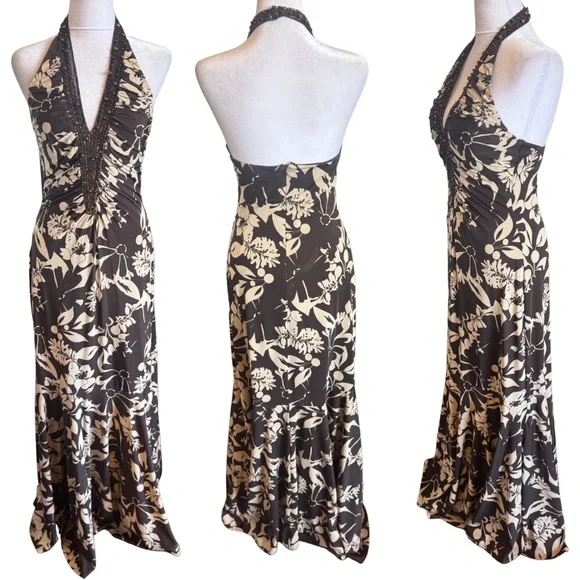 JS Boutique Elegant Cream & Brown Floral Halter Beaded Neckline Mermaid Dress 8 - Picture 3 of 6